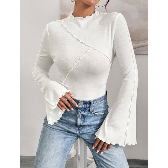 White Rib Knit Long Bell Sleeve Shirt, Lettuce Frill Trim, Stitches Outside - Picture 3 of 7